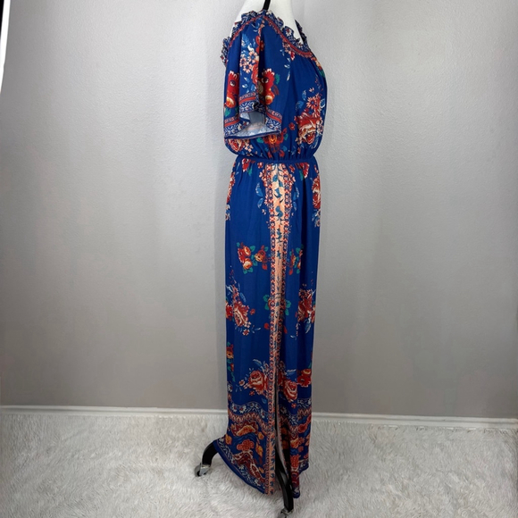 Flying Tomato Off The Shoulder Maxi Dress L Blue Floral Boho Beach Vacation NWT - Picture 3 of 11